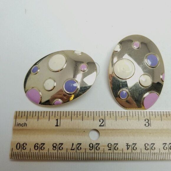 Vintage Pastel Polka Dot Oval Stud Earrings, Pink Purple Enamel, Retro 80s Style - Picture 4 of 6